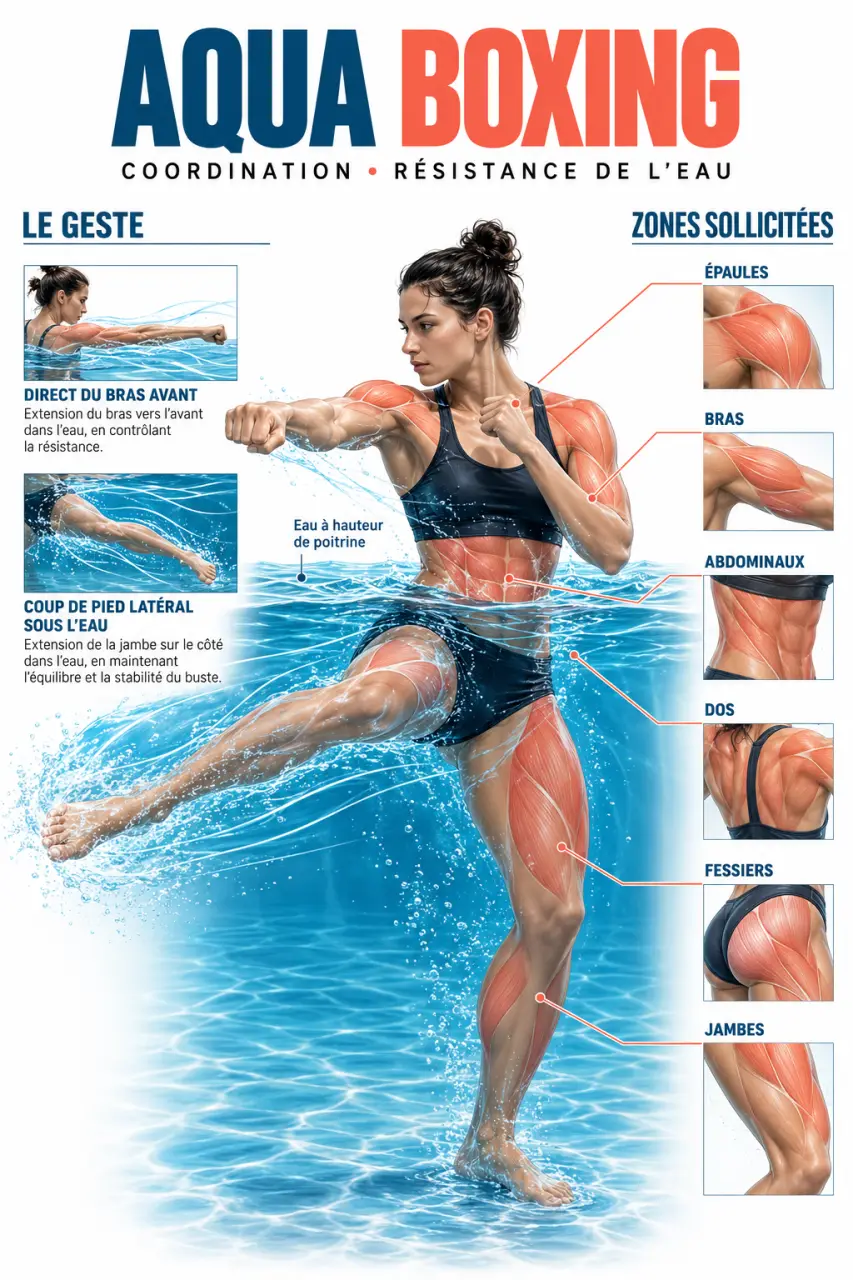 Infographie sur les muscles sollicités et les bénéfices de l’aqua boxing en piscine