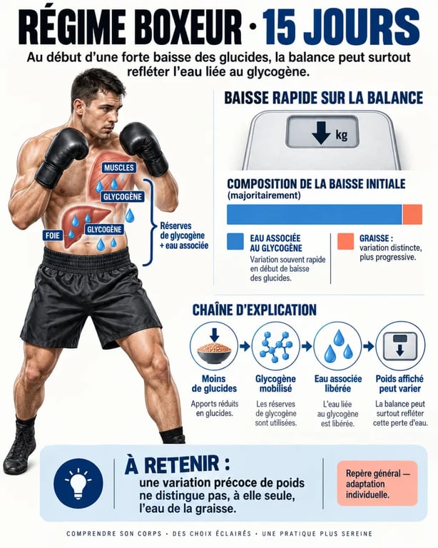 Infographie sur le régime boxeur 15 jours et la différence entre perte d’eau et perte de graisse