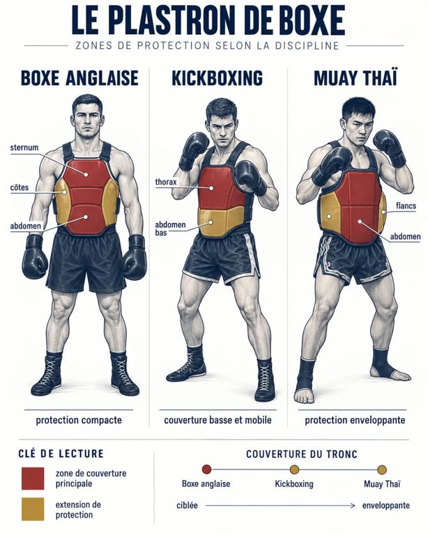 Infographie sur le choix d’un plastron boxe selon la discipline et la zone de couverture