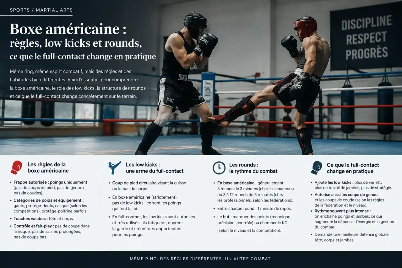 Boxe américaine : règles, low kicks et rounds, ce que le full-contact change en pratique