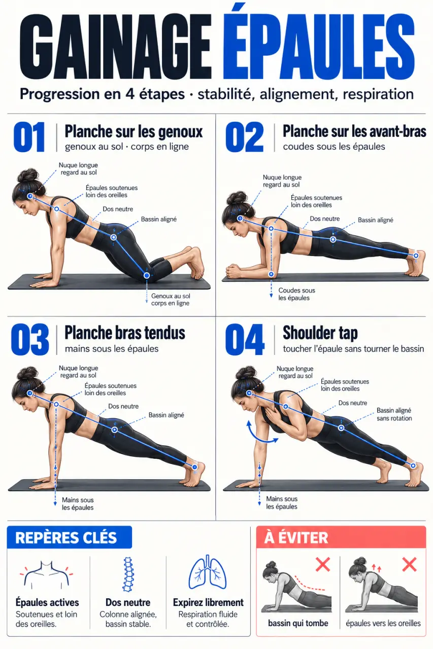 Illustration des variantes de gainage epaule avec alignement correct et shoulder tap