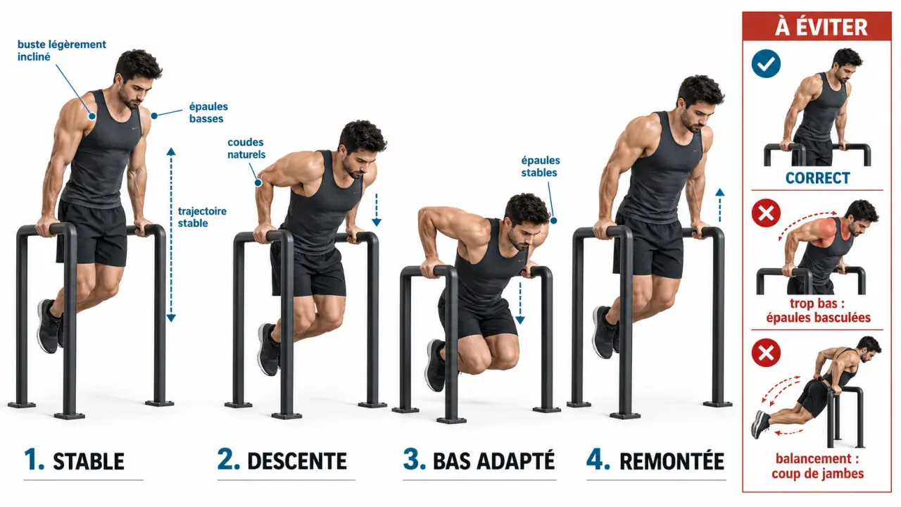 Illustration des dips pectoraux avec position du buste, amplitude et erreurs de posture