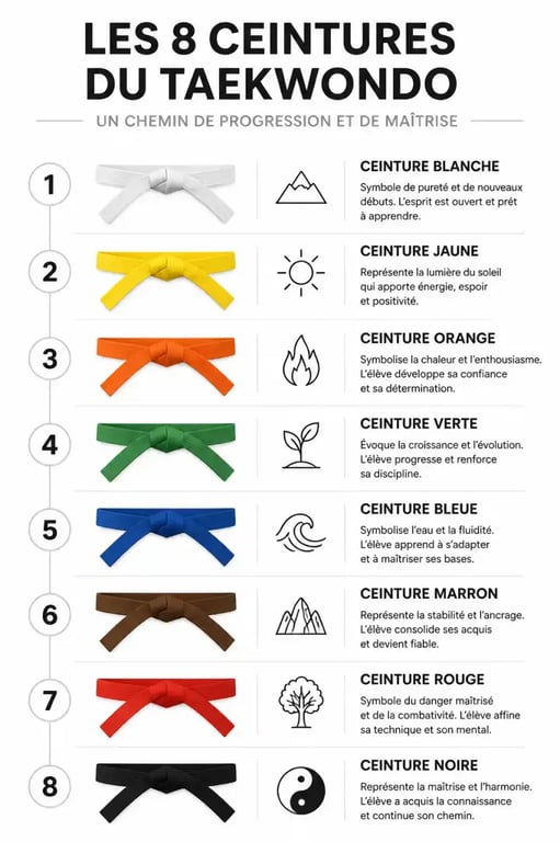 Progression des couleurs de ceinture en taekwondo, de la ceinture blanche à la ceinture noire.