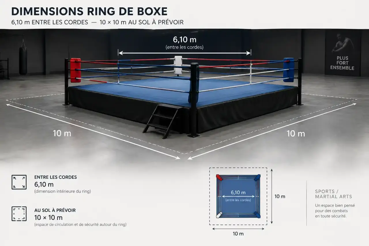 Dimension ring de boxe : 6,10 m entre les cordes, mais 10 × 10 m au sol à prévoir