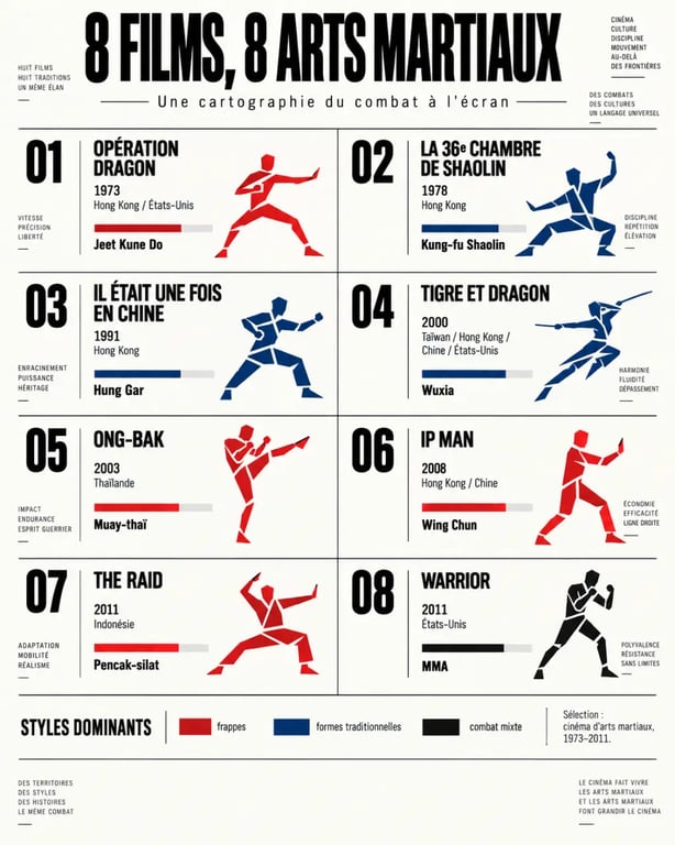 Infographie comparative de huit films sur les arts martiaux par année, pays et style de combat