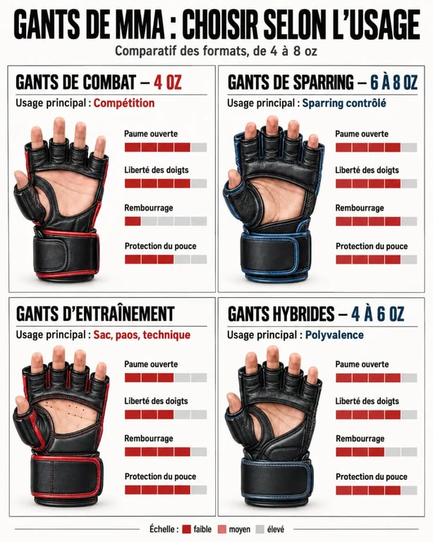 Infographie comparative des gants MMA selon le poids, le rembourrage et l’usage