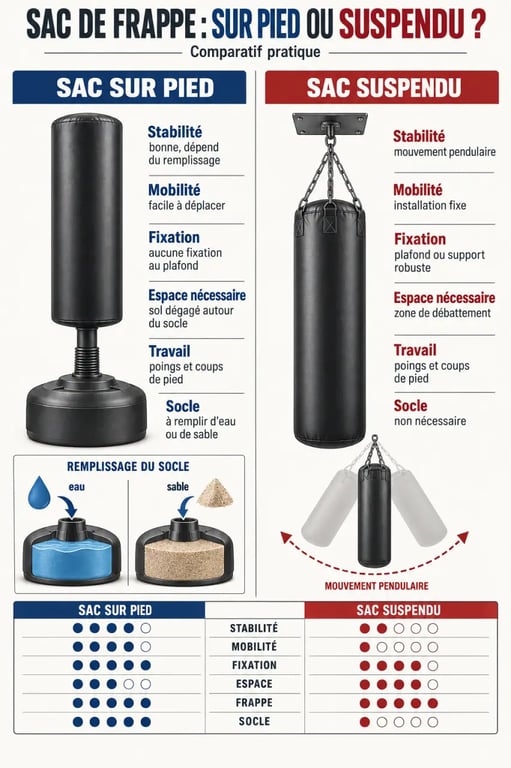 Infographie comparative sur le sac de frappe pied et le sac suspendu