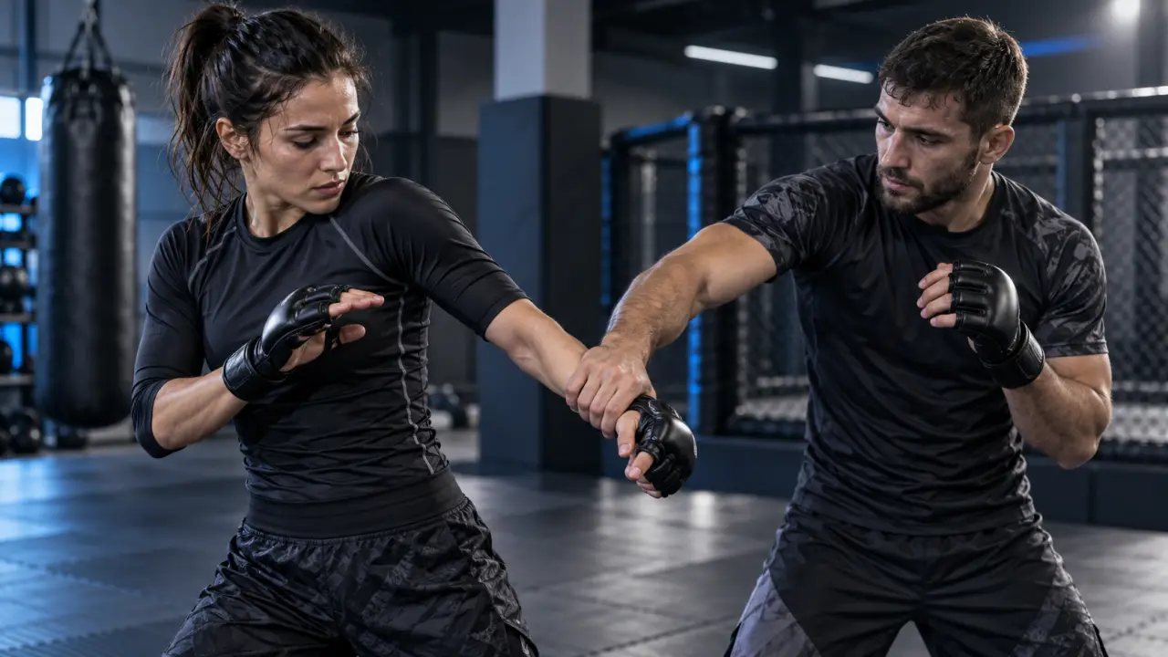 Pratiquant de MMA travaillant une sortie de contrôle du poignet dans un dojo