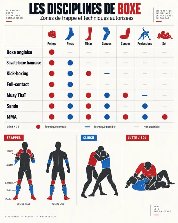 Infographie comparative des différents types de boxe et de leurs zones de frappe