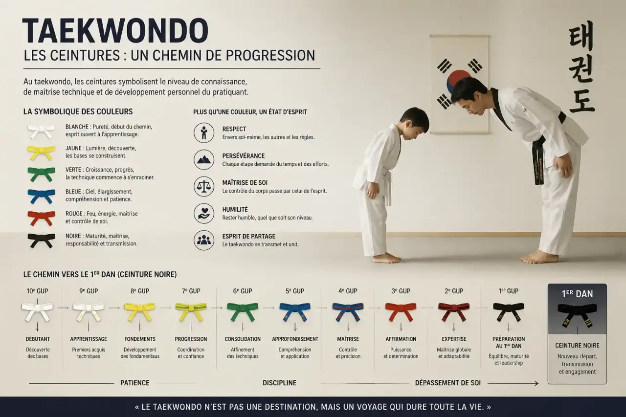 Ceinture en taekwondo : système de grades, symbolique et progression vers le 1er Dan