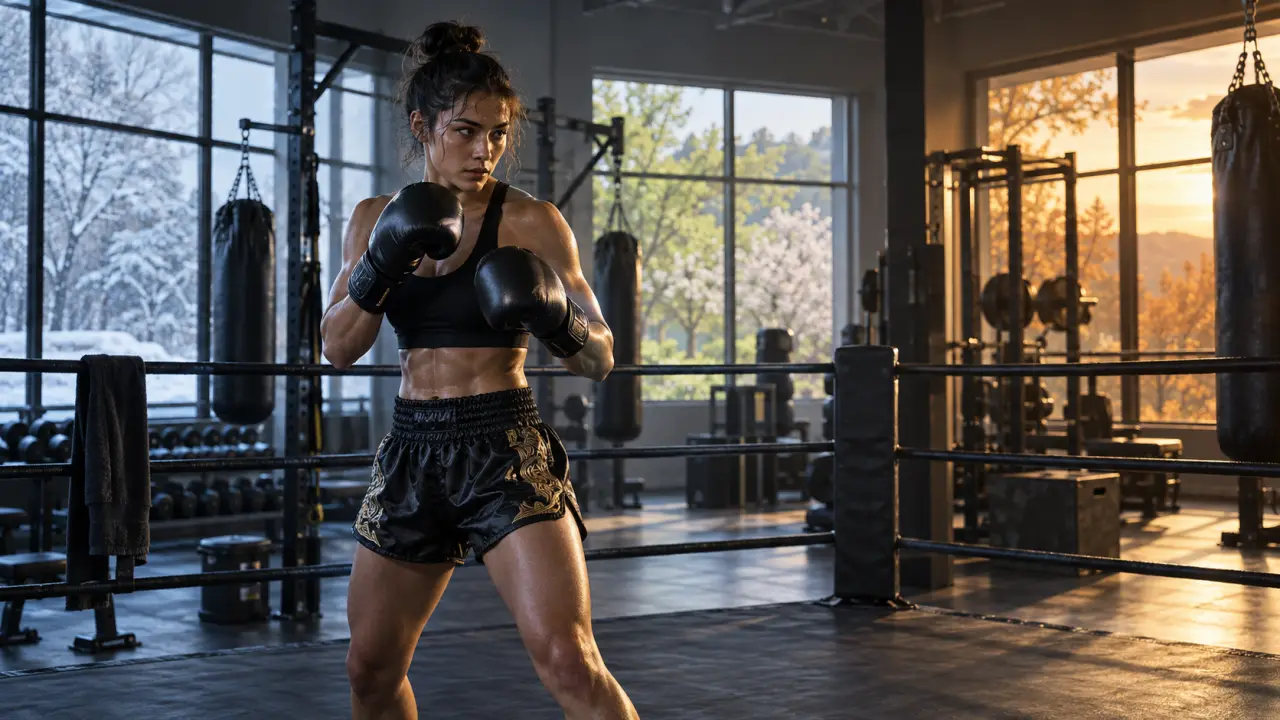 Pratiquant de Muay Thaï en entraînement dans une salle moderne