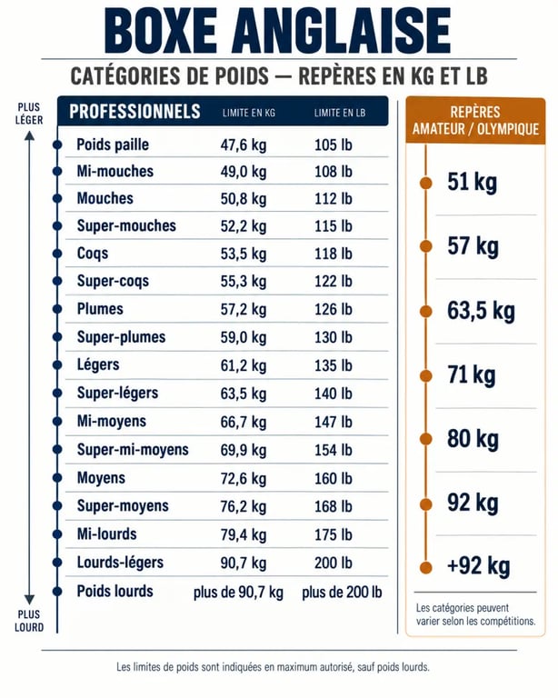 Infographie des catégories de poids en boxe anglaise, du poids paille au poids lourd
