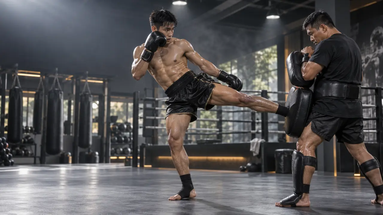 Pratiquant exécutant un low-kick de Muay Thaï sur un sac de frappe