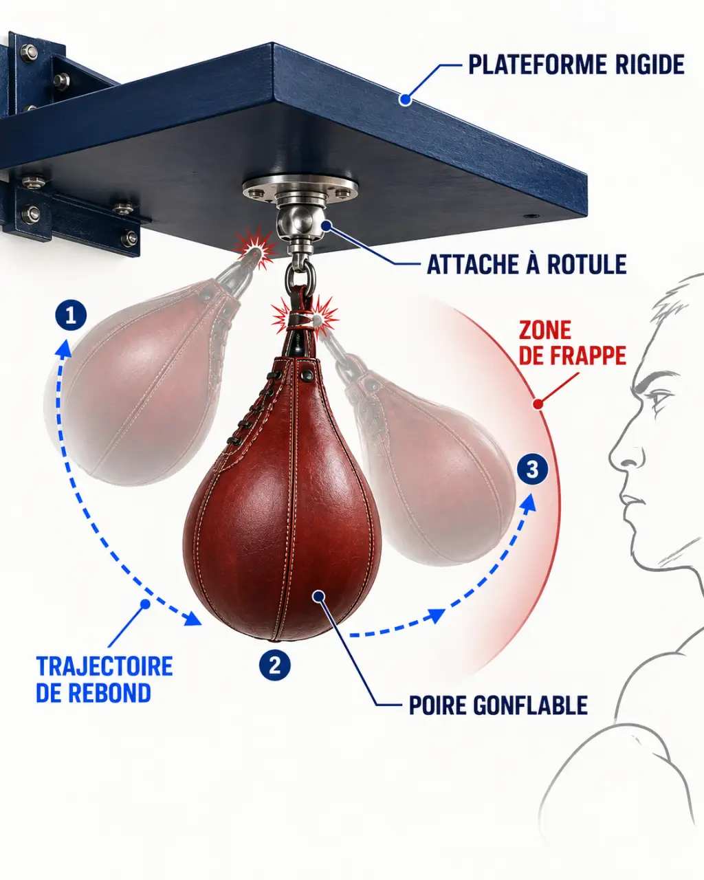 Schéma de fonctionnement d’une poire de vitesse de boxe sous une plateforme